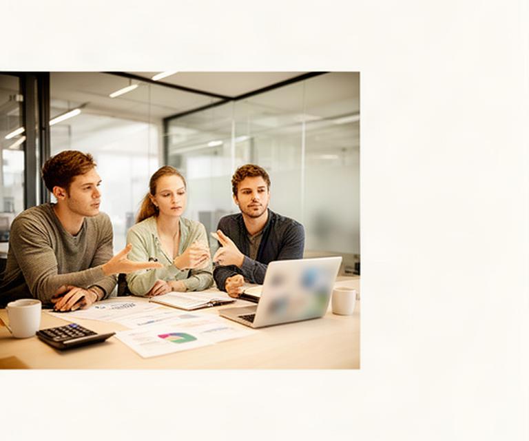 Start-up-Team bespricht Finanzzahlen an einem hellen Tisch in einem Büro in Grenchen