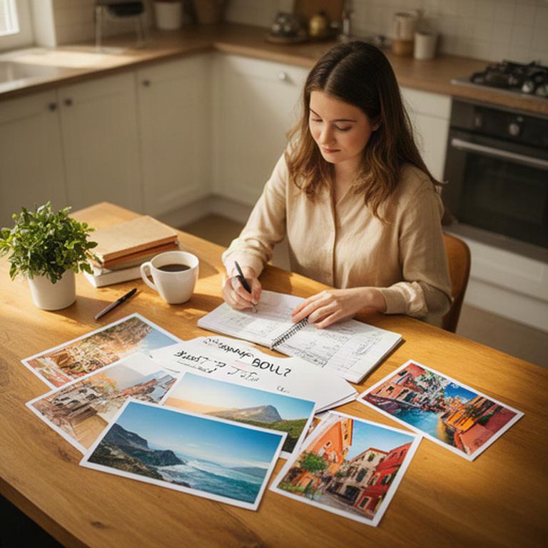 Junge Berufseinsteigerin mit Budgetnotizen und Reisefotos an einem Küchentisch